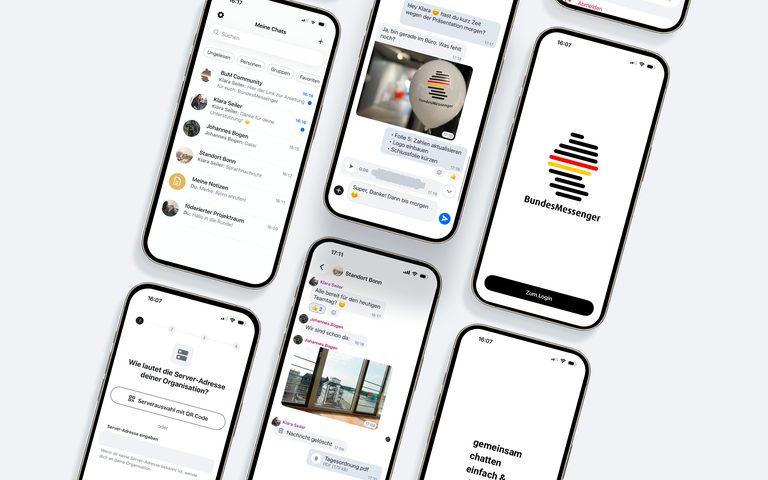 Screenshots of BundesMessenger on several smartphones