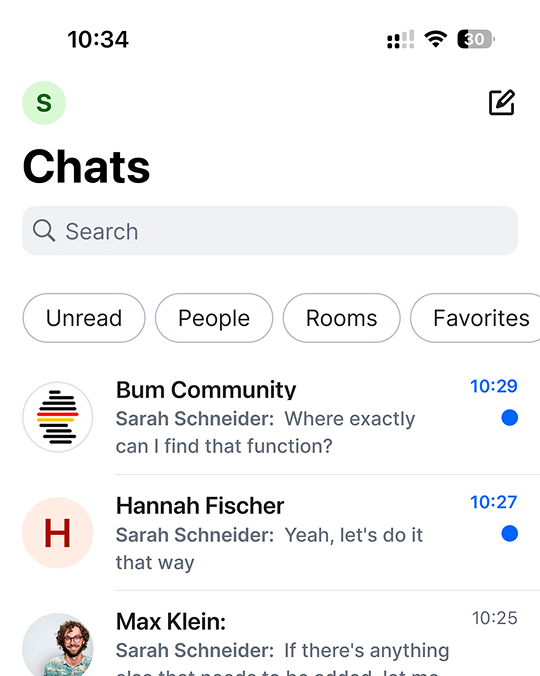 The image shows a screenshot of the BundesMessenger chat list